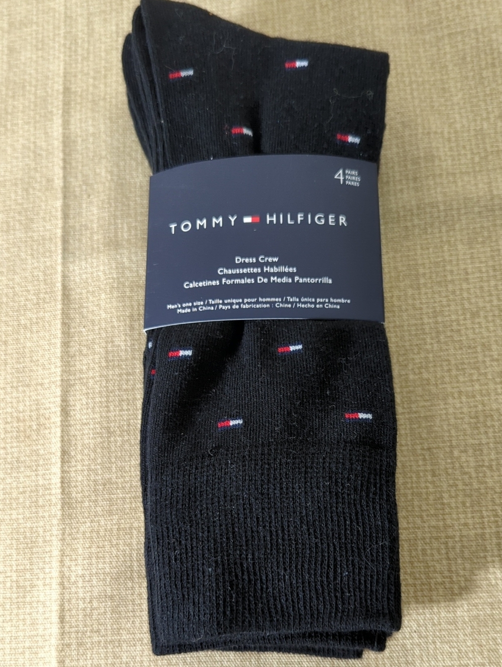 Tommy Hilfiger Black Dress Crew Socks with Red & White Logo Accents - 4 Pack